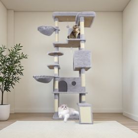 84.6 In Light Gray Cat Tree Tower With Wide Base, 3 Large Hinding Condo, 11 Sisal Scratching Post, Sisal Scratching Ladder, 2 Hammocks, Large Top (Option: Defaulttitle)