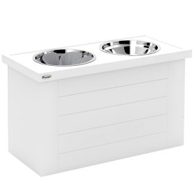 Elevated Dog Bowls With Slow Feeder Mat, Storage Cabinet, 3 Stainless Steel Bowls For Large & Extra Large Dogs, White (Color: White-700x410x220 mm)