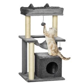 39.25'' Cat Tree Tower Multi-Level Kitten House with Scratching Post Condo Hammock Bed Ball Toy - Gray (Option: Grey)