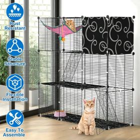 3-Level Metal Cat Cage Enclosure, Modular Pet Habitat with 3 Doors, 2 Ladders, Plush Hammock and Toy Ball for Small Indoor Animals (Option: as pic)