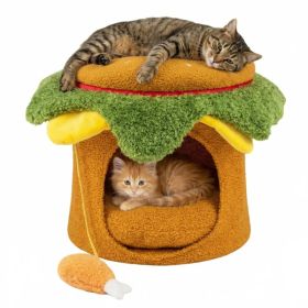 Cheeseburger Theme Cat Nest (Yellow+Green), Cute Burger Shape With Fried Chicken Plush Toy, No Assembly Needed (Option: Defaulttitle)