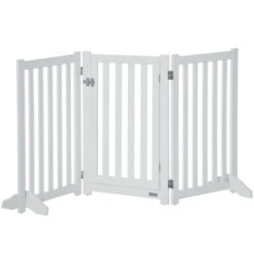 31.5"H Foldable Dog Gate with Door, 3 Panels Freestanding Pet Gate Barriers Indoor with Support Feet, Puppy Fence for Small Medium Dogs, White (Option: White)