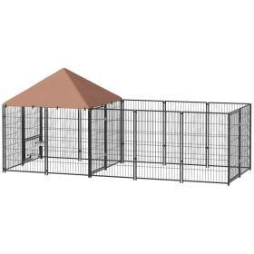 Outdoor Dog Kennel with Rotating and Adjustable Height Bowls, Waterproof UV-Resistant Cover, 11.3' x 4.7' x 5.1' (Option: Coffee)