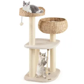 41 Inch Hand-Woven Water Hyacinth Cat Tree, 3 Sisal Scratching Posts Multi-Level Activity Center For Cats-White (Option: Defaulttitle)