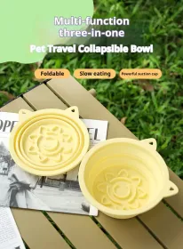 3-in-1 Pet Travel Collapsible Bowl Foldable Slow-Feeder With Strong Suction Cups  Portable Silicone Dog Bowl With Hook For Hanging On Collar-Back (Option: Yellow-650ml)