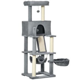 55" Cat Tree for Indoor Cats, Cat Tower, Kitty Activity Center with Cat Bed Ramp Condo Hammocks Hanging Ball Toys Sisal Rope Scratching Post, Gre (Option: Grey)