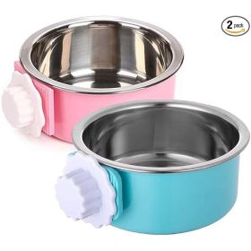 Set Of 2 Stainless Steel Removable Pet Food And Water Bowls, Anti-Tip Crate Feeder Containers For Small Dogs, Cats, And Rabbits, Easy To Install (Option: PinkBlue)